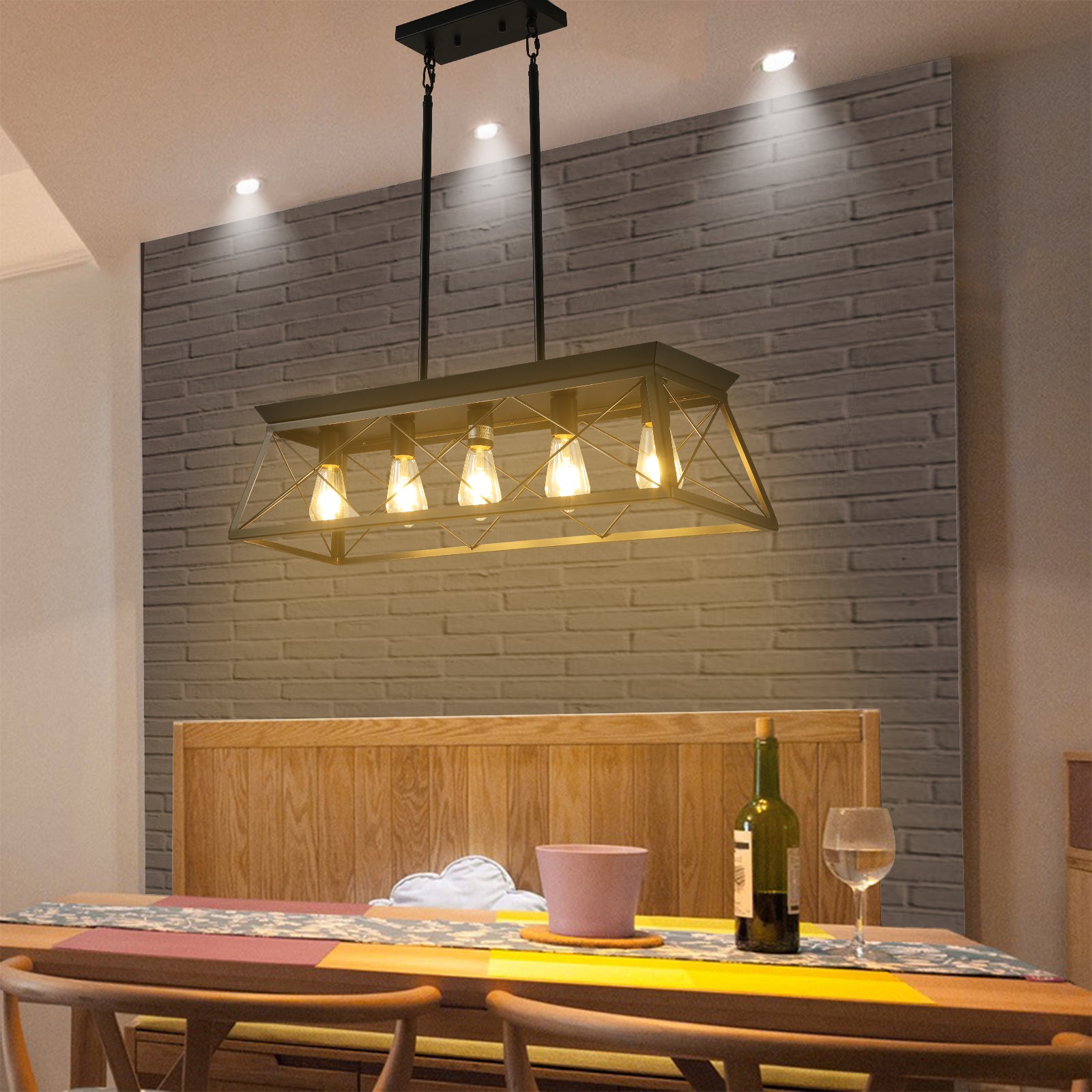 5-light farmhouse pendant light, metal pendant light island fixture, modern rectangular island light, pure black (no bulb)