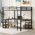 Full metal loft bed with desk and shelf, loft bed with ladder and guardrail, black with retro wood desk