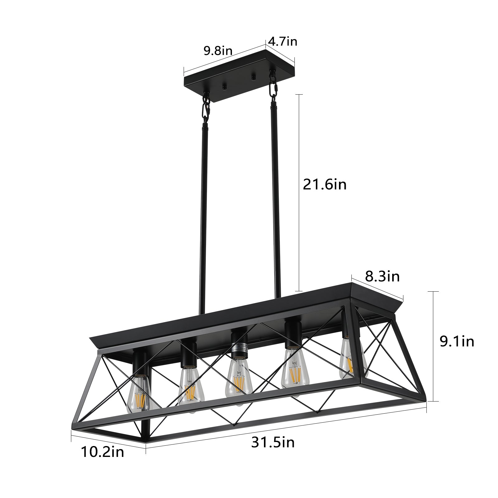 5-light farmhouse pendant light, metal pendant light island fixture, modern rectangular island light, pure black (no bulb)