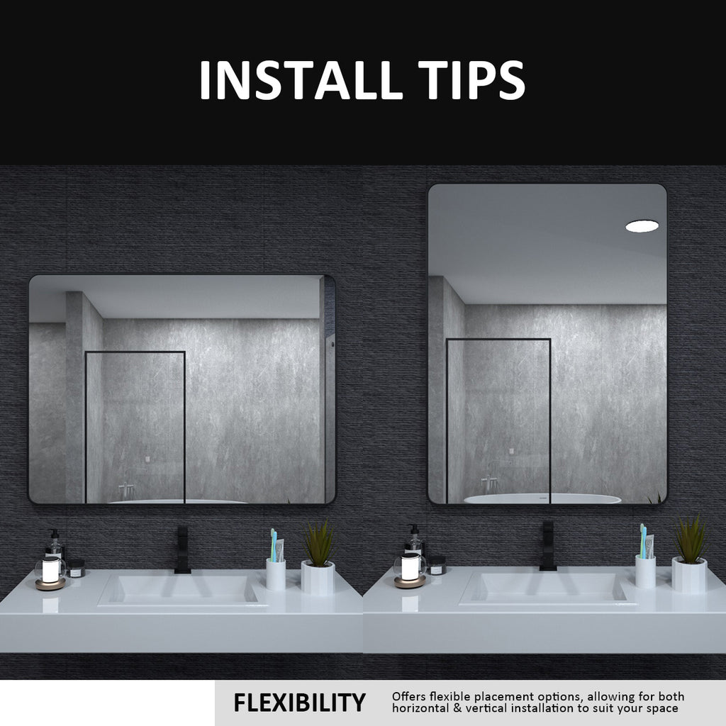 24x36 inch aluminum frame round rectangular bathroom wall mirror, matte black rust proof, tempered glass mirror