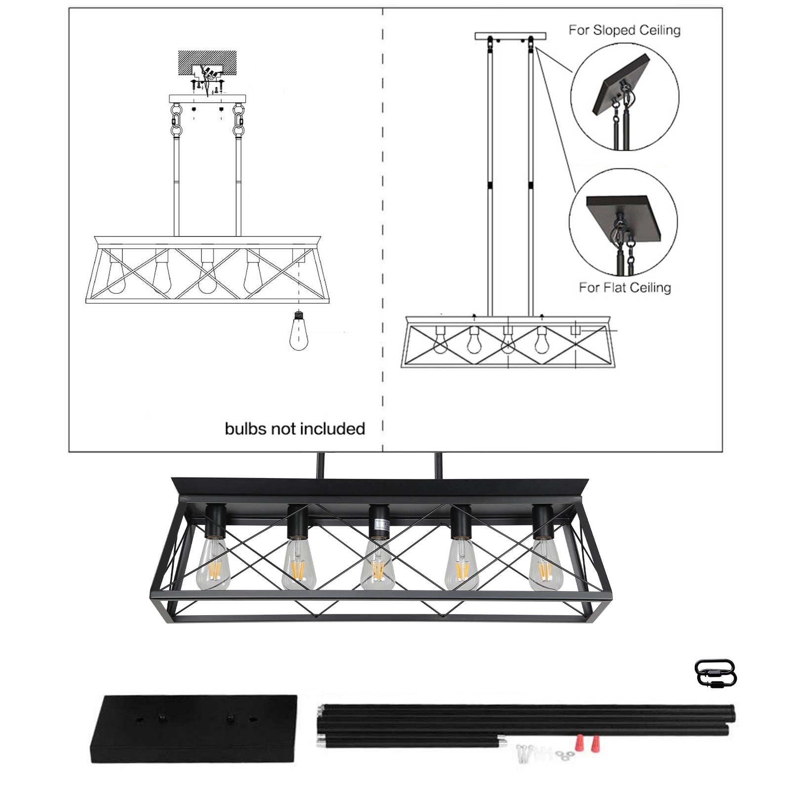 5-light farmhouse pendant light, metal pendant light island fixture, modern rectangular island light, pure black (no bulb)