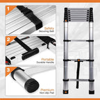 Heavy-Duty Stainless Steel Telescoping Ladder, 2.6-6.3M (8.5-20.7ft) 330lb Load, Anti-Slip Lock, for Home/RV/Attic, Room Decor
