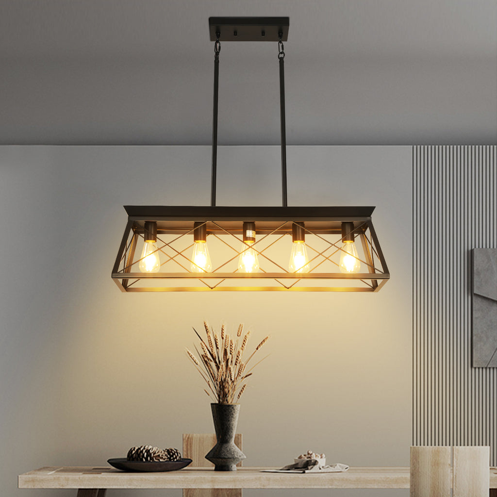 5-light farmhouse pendant light, metal pendant light island fixture, modern rectangular island light, pure black (no bulb)