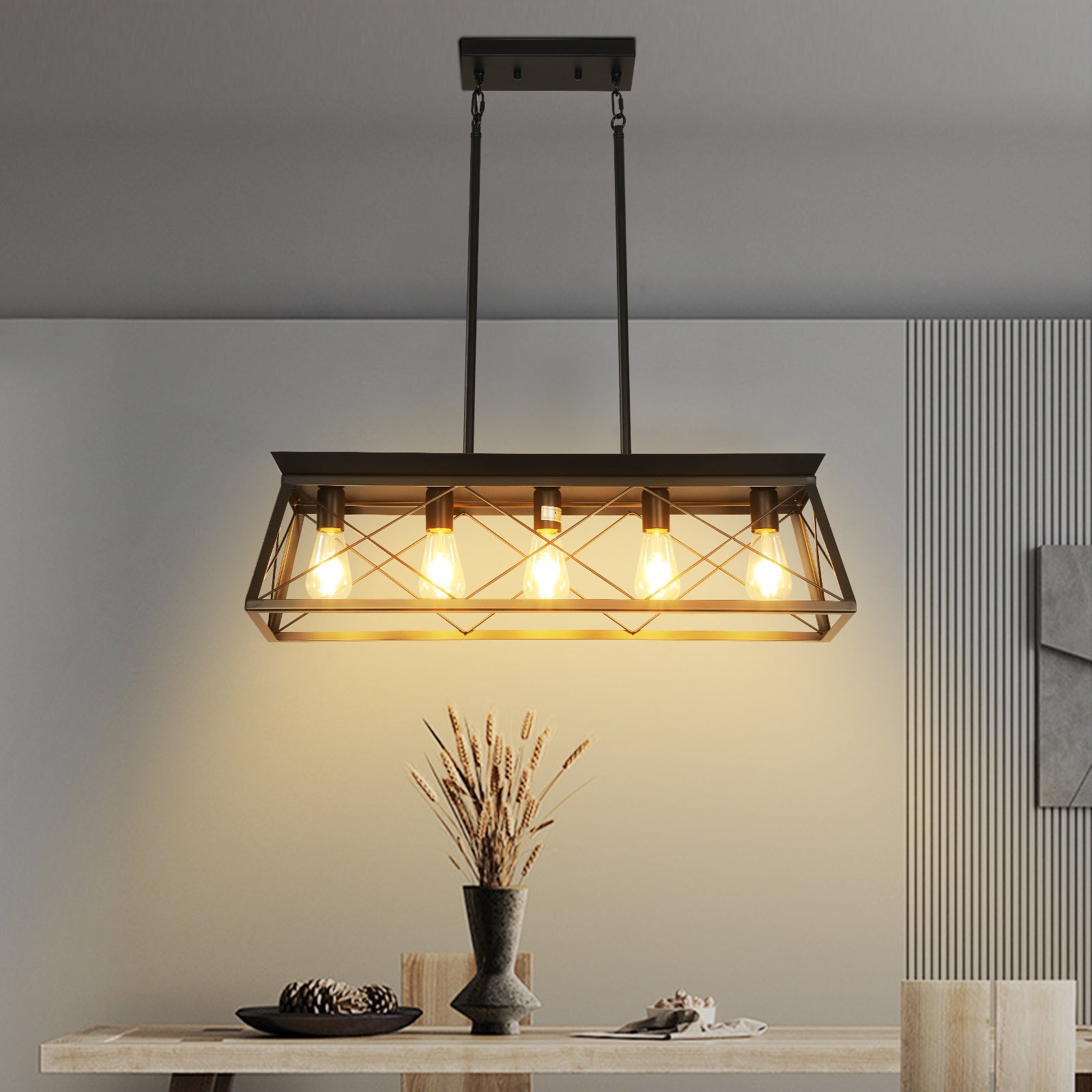 5-light farmhouse pendant light, metal pendant light island fixture, modern rectangular island light, pure black (no bulb)