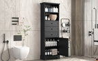 Black high storage cabinet with 3 drawers and adjustable shelves, MDF board painted