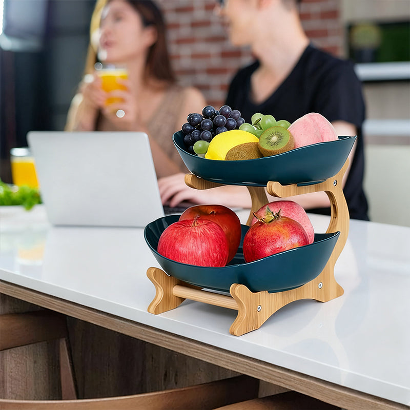 2-Tier Bamboo Fruit Stand for Kitchen, Space Saving Countertop Organizer with Ventilation to Keep Produce Fresh