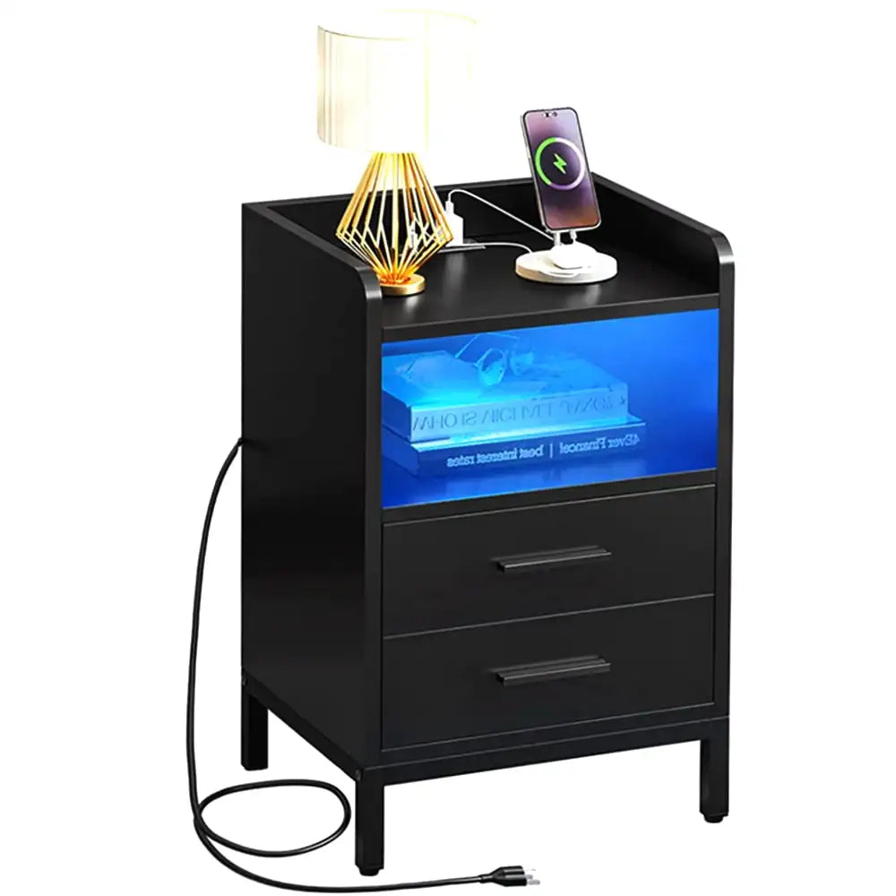 Side Table with Charging Station, 3-Drawer LED Light Bedside Living Room